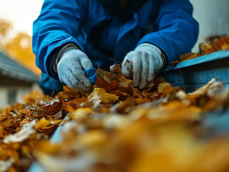 308234922person clearing autumn leaves from home gutter9