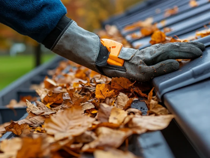 323160240person clearing autumn leaves from home gutter9