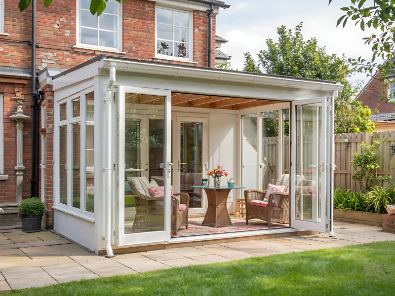 Modern white upvc conservatory attached to a traditional red brick house with a sunny garden patio and lush green lawn