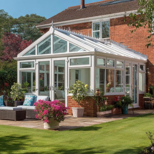 modern white upvc conservatory attached to a traditional red brick house with a sunny garden patio and lush green lawn