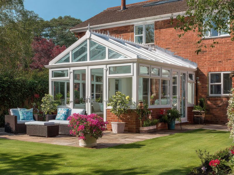 modern white upvc conservatory attached to a traditional red brick house with a sunny garden patio and lush green lawn